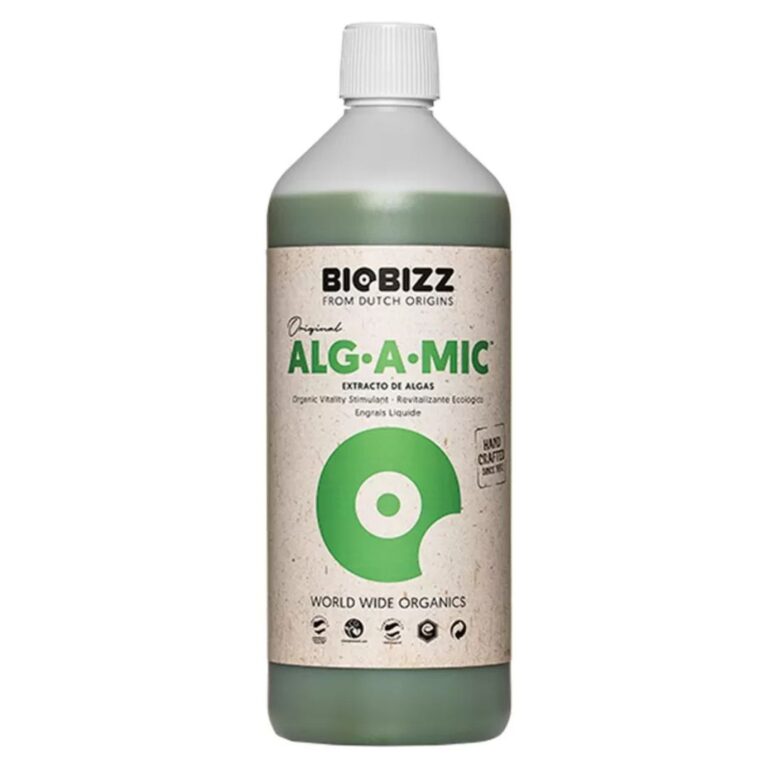 Alg A Mic Biobizz 1L, fertilizante orgânico revitalizante que alivia o estresse das plantas e garante folhas verdes e vibrantes em grande escala.