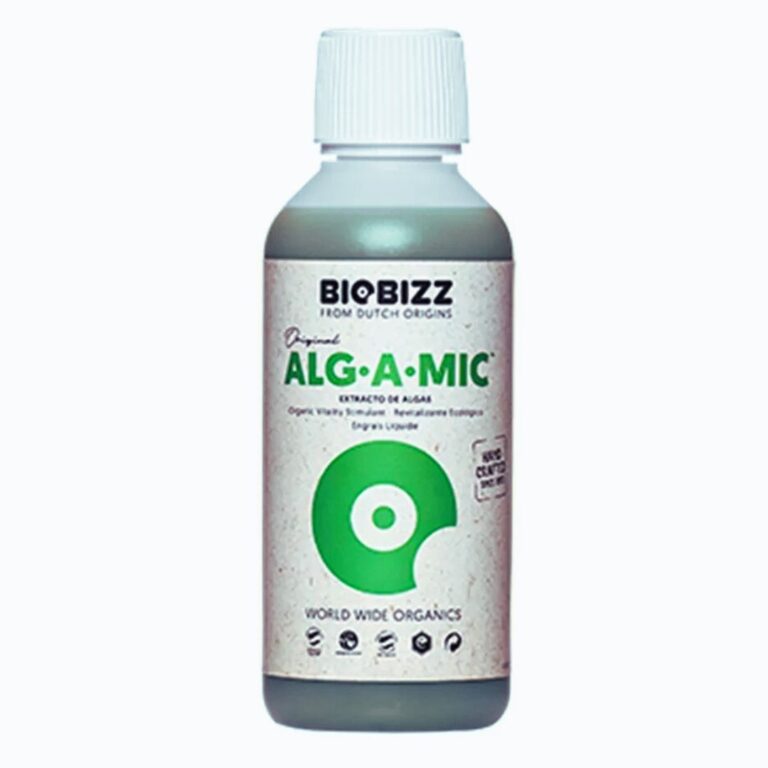 Alg A Mic Biobizz 250ml, fertilizante orgânico revitalizante que alivia o estresse das plantas e garante folhas verdes.