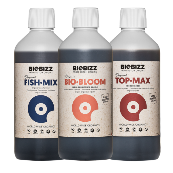 Combo de três frascos de 500ml dos fertilizantes orgânicos Biobizz: Fish Mix, Bio Bloom e Top Max, ideais para cultivo ao ar livre.