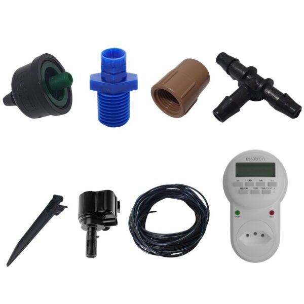 Kit completo de irrigação automática GRAMA para 4 vasos, mostrando bomba, microtubo, estacas, gotejadores, conexões e timer.