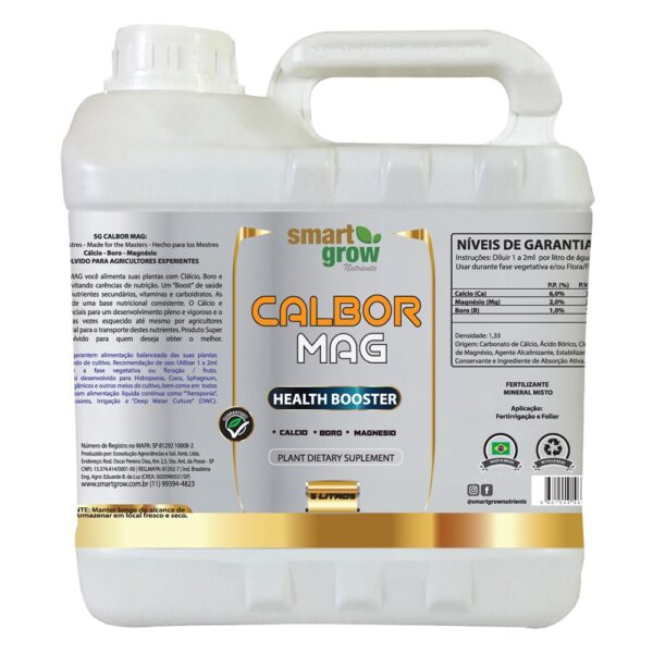 CalBor Mag Smart Grow 5L, fórmula super premium contendo Cálcio, Magnésio e Boro, além de carboidratos e aminoácidos, para otimizar o crescimento e a saúde de plantas em diversos sistemas de cultivo.