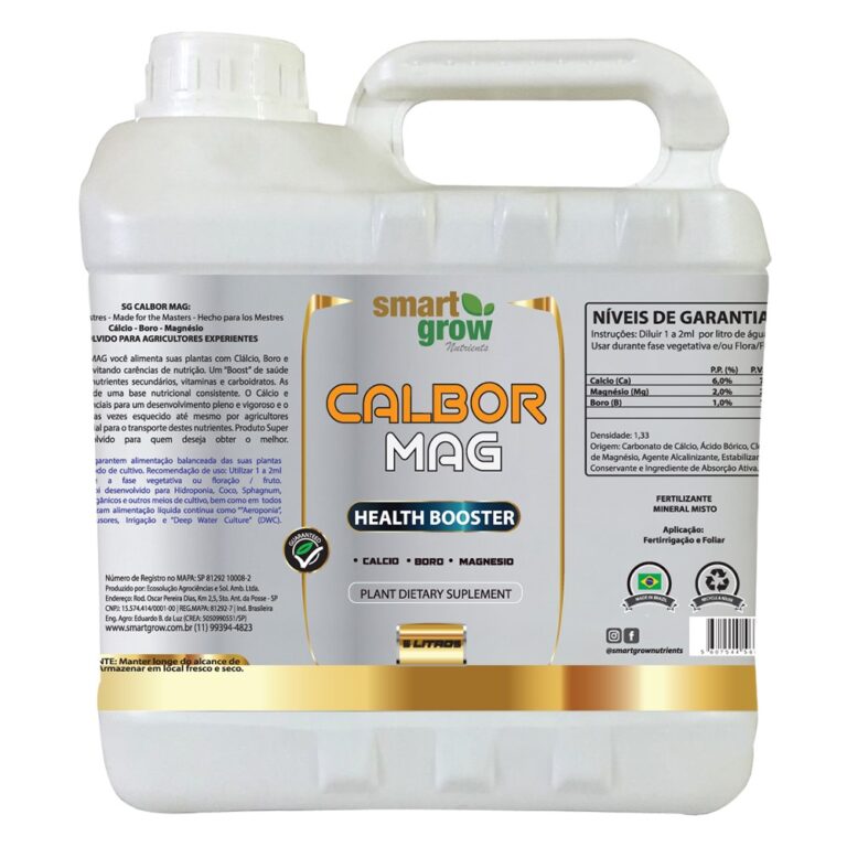 CalBor Mag Smart Grow 5L, fórmula super premium contendo Cálcio, Magnésio e Boro, além de carboidratos e aminoácidos, para otimizar o crescimento e a saúde de plantas em diversos sistemas de cultivo.