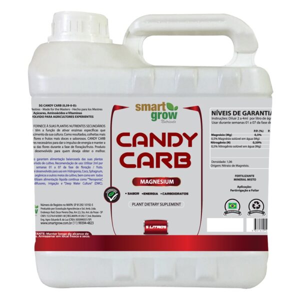 Candy Carb Smart Grow 5L, fórmula energética com açúcares e Magnésio Premium para impulsionar o crescimento, aumentar a doçura de flores e frutos e otimizar a produtividade em diversos sistemas de cultivo.