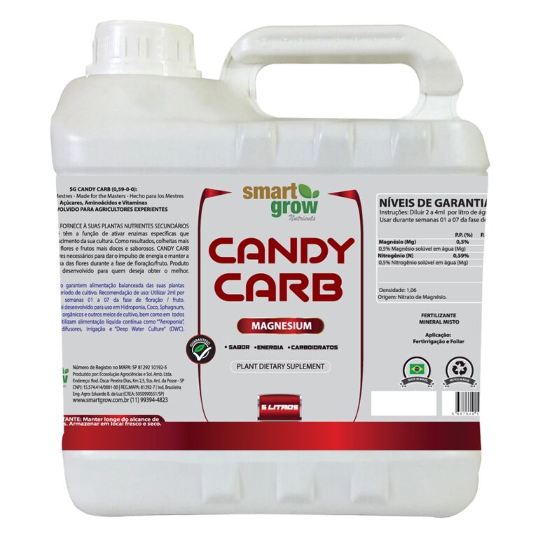 Candy Carb Smart Grow 5L, fórmula energética com açúcares e Magnésio Premium para impulsionar o crescimento, aumentar a doçura de flores e frutos e otimizar a produtividade em diversos sistemas de cultivo.