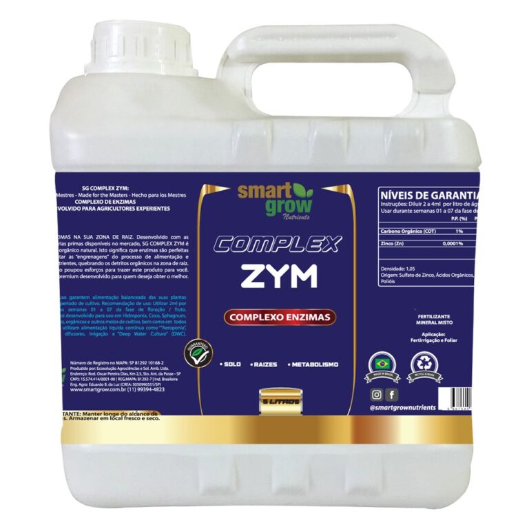 Complex Zym Smart Grow 5L, um composto de enzimas naturais e microrganismos benéficos (Saccharomyces e Trichodermas) que otimiza o metabolismo das plantas, maximiza a absorção de nutrientes, fortalece o sistema imunológico e melhora a saúde do solo em diversos sistemas de cultivo.