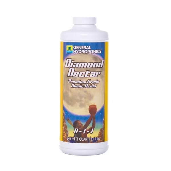 Frasco de 946ml do fertilizante Diamond Nectar® da General Hydroponics, extrato de ácidos húmicos para melhor absorção de nutrientes.