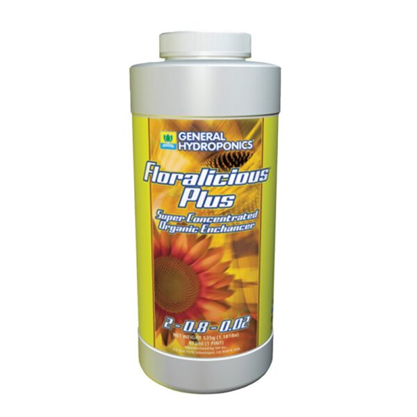 Floralicious Plus General Hydroponics 473ml, extratos bioativos para crescimento e floração, nutrientes orgânicos e aromas intensos.