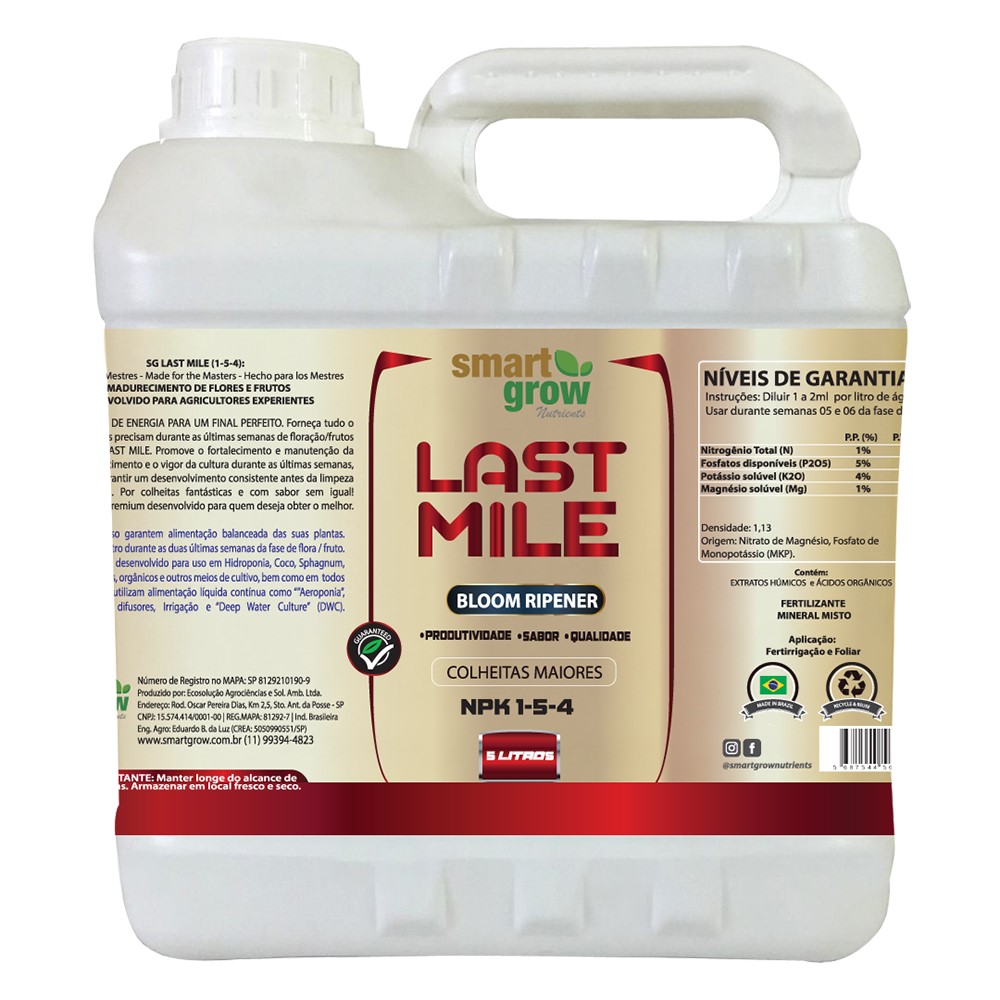 Last Mile Smart Grow 5L - O Impulso Final para Colheitas Perfeitas Last Mile Smart Grow 5L, fertilizante líquido específico para a fase final de floração e frutificação, formulado para promover o amadurecimento perfeito, aumentar a produção de terpenos e óleos essenciais em diversos sistemas de cultivo.