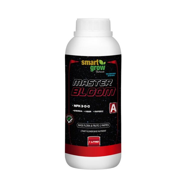 Master Bloom A Smart Grow 1L, nutriente base para crescimento com N, Ca, Mg, Fe e bioestimulantes, para colheitas premium.