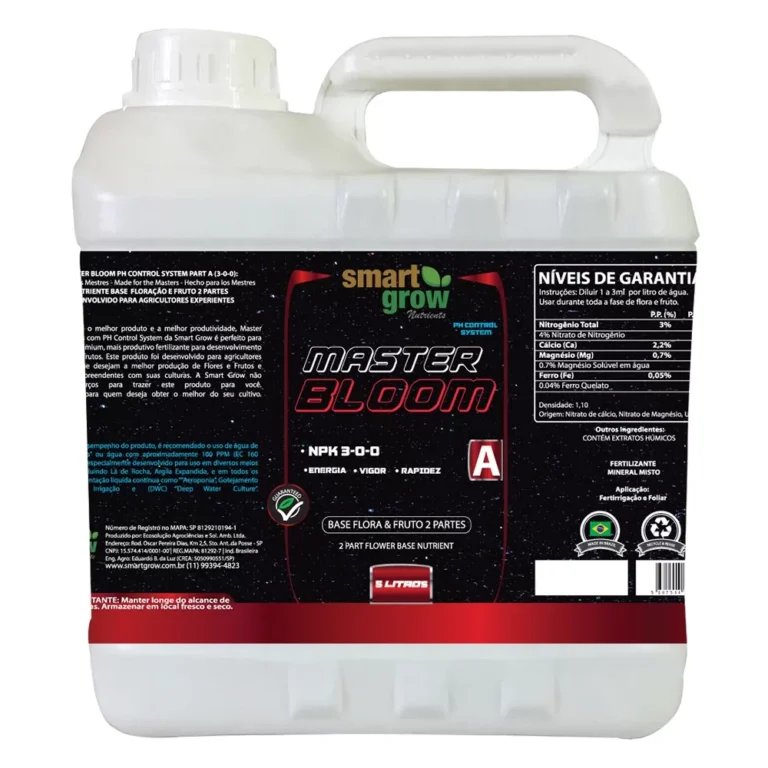 Master Bloom A Smart Grow 5L, base nutritiva com Nitrogênio, Cálcio, Magnésio e Ferro, enriquecida com extratos húmicos e tecnologia pH Control System para máxima absorção e crescimento vigoroso em diversos sistemas de cultivo.