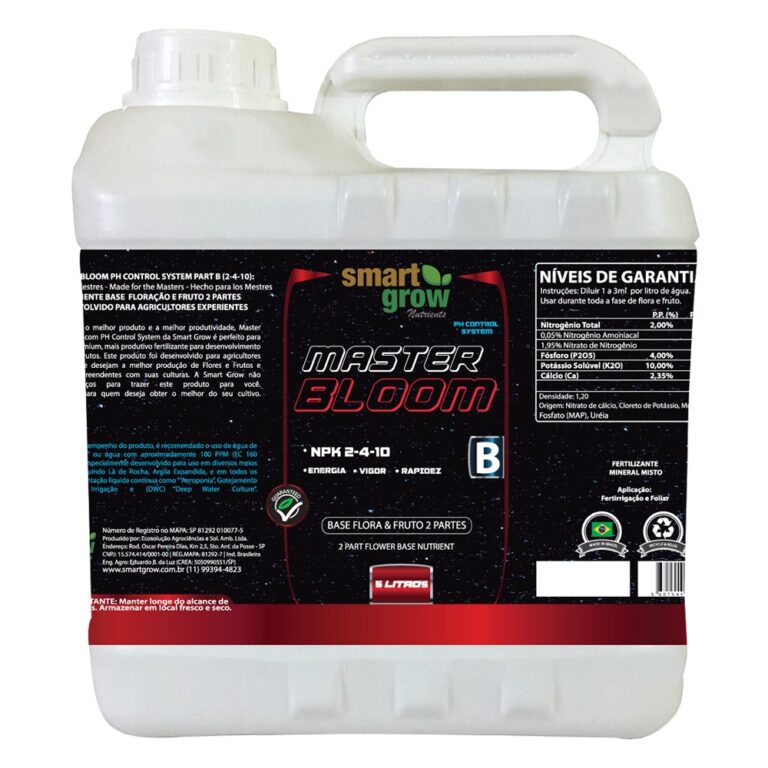 Master Bloom B Smart Grow 5L, nutrição completa para floração com macro e micronutrientes, tecnologia pH Control System para máxima absorção e colheitas abundantes em diversos sistemas de cultivo.