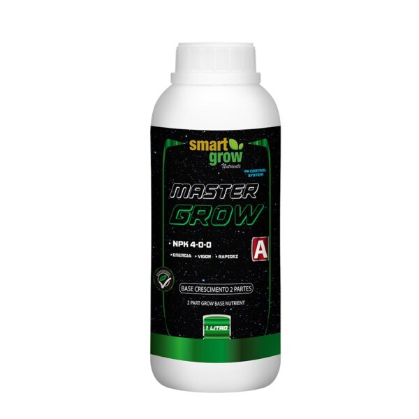 Frasco de 1 litro do nutriente Master Grow A Smart Grow, base para crescimento e floração com pH Control System.