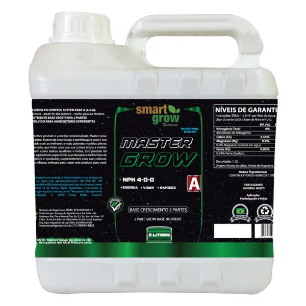 Master Grow A Smart Grow 5L, base nutritiva com Nitrogênio, Cálcio, Magnésio e Ferro, enriquecida com extratos húmicos e tecnologia pH Control System para máxima absorção e crescimento vigoroso em diversos sistemas de cultivo.