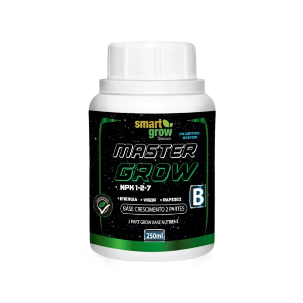 Master Grow B Smart Grow 250ml, nutrição completa para crescimento com macro e micronutrientes essenciais e pH Control System.