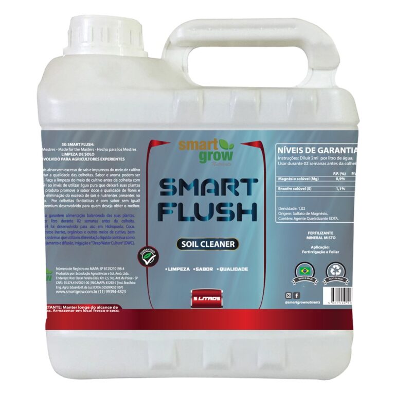Smart Flush Smart Grow 5L, solução para limpeza de substrato que remove o excesso de nutrientes através de agentes quelatizados, preservando o sabor e aroma de flores e frutos em diversos sistemas de cultivo.