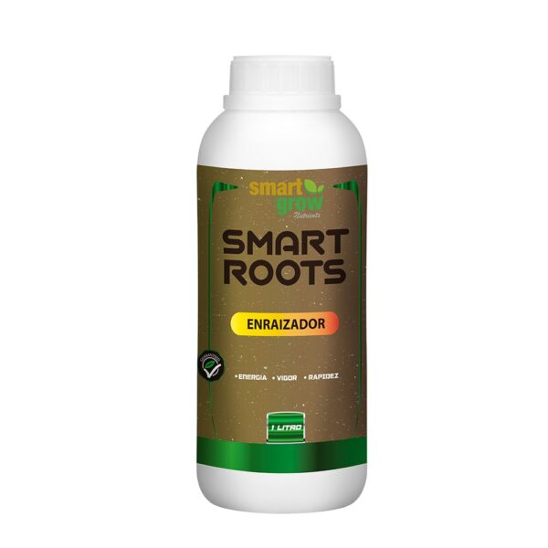 Smart Roots Smart Grow 1L, expansor de raízes que maximiza a função radicular, estimula a absorção de nutrientes e promove crescimento acelerado e colheitas abundantes em diversos sistemas de cultivo.