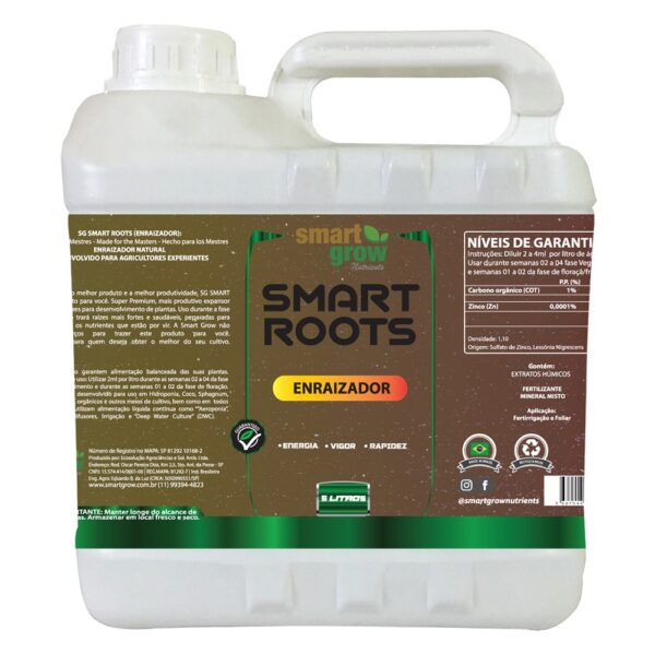 Smart Roots Smart Grow 5L, base nutritiva com Nitrogênio, Cálcio, Magnésio e Ferro, enriquecida com extratos húmicos e tecnologia pH Control System para máxima absorção e crescimento vigoroso em diversos sistemas de cultivo.