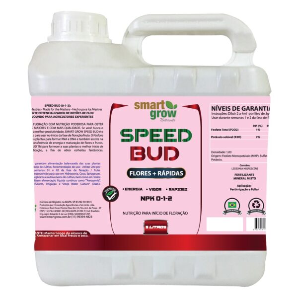 Speed Bud Smart Grow 5L, fertilizante líquido formulado para acelerar o processo metabólico da floração, promover a formação rápida de botões, aumentar o período de engorda e melhorar a estrutura das plantas em diversos sistemas de cultivo. Contém extrato de algas Lessonia Nigrescens.