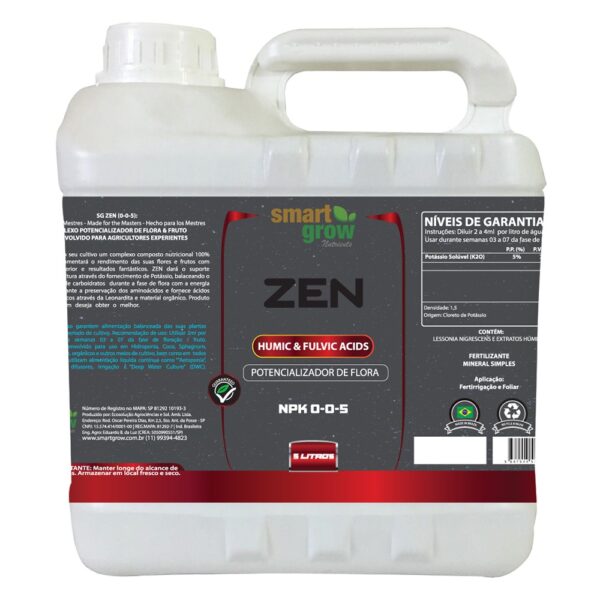 Zen Smart Grow 5L, um complexo nutricional 100% natural e orgânico que fornece potássio, preserva aminoácidos e agrega ácidos húmicos e fúlvicos para aumentar o rendimento e a qualidade de flores e frutos em diversos sistemas de cultivo.