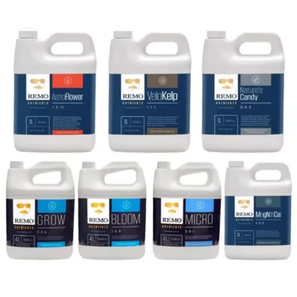 Kit Remo SuperCharged Master Plants 7x1, com sete frascos de 10 litros dos produtos Remo Nutrients (Grow, Bloom, Micro, AstroFlower, Nature's Candy, MagNifiCal, VeloKelp) organizados para exibição.