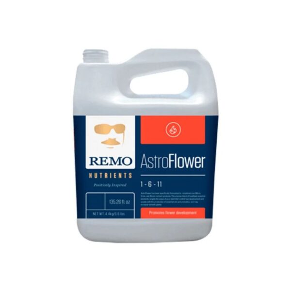 Frasco do Fertilizante Remo Astroflower em diferentes tamanhos (250ml, 1L, 4L, 10L), com a marca Remo Nutrients em destaque e indicação de uso floral.