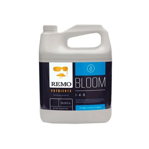 Frasco do Fertilizante Remo Bloom em diferentes tamanhos (250ml, 1L, 4L, 10L), com a marca Remo Nutrients e indicação de ser um fertilizante para o ciclo de floração.