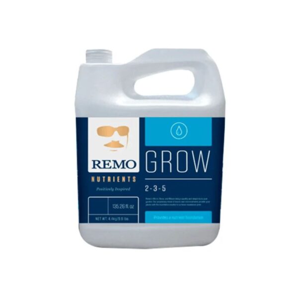 Frasco do Fertilizante Remo Grow em diferentes tamanhos (250ml, 1L, 4L, 10L), com a marca Remo Nutrients e indicação de ser um fertilizante para o ciclo de crescimento.