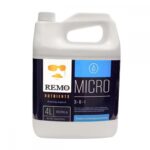 Frasco do Fertilizante Remo Micro em diferentes tamanhos (250ml, 1L, 4L, 10L), com a marca Remo Nutrients e indicação de ser um fertilizante base com micronutrientes.