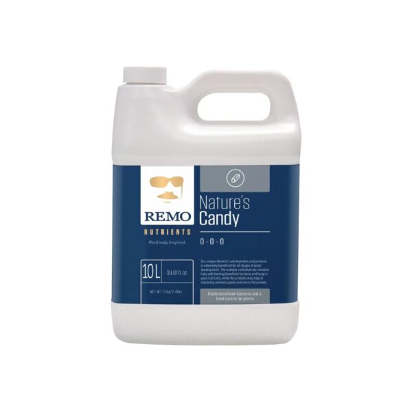 Frasco do Fertilizante Remo Natures Candy em diferentes tamanhos (250ml, 1L, 4L, 10L), com a marca Remo Nutrients em destaque.