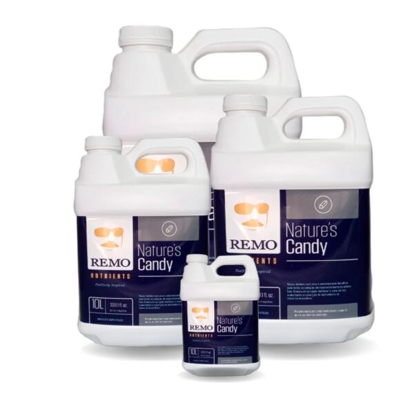 Frasco do Fertilizante Remo Natures Candy em diferentes tamanhos (250ml, 1L, 4L, 10L), com a marca Remo Nutrients em destaque.