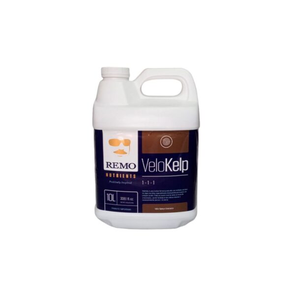 Frasco do Fertilizante Remo Velokelp em diferentes tamanhos (250ml, 1L, 4L, 10L), com a marca Remo Nutrients em destaque e indicação de ser um suplemento de algas.