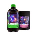 Embalagem do Kit Nutrição Flowermind, mostrando os frascos do fertilizante líquido, o blend de rochas e o manual de uso.
