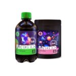 Embalagem do Kit Nutrição Flowermind, mostrando os frascos do fertilizante líquido, o blend de rochas e o manual de uso.