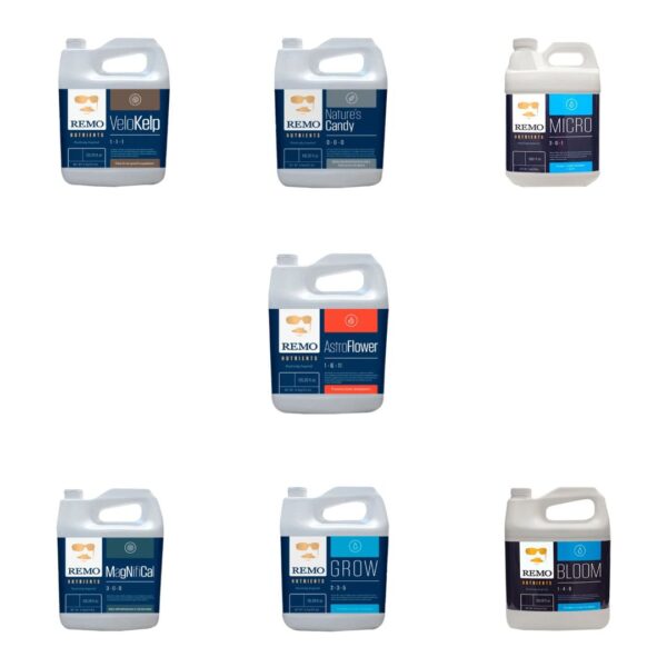 Kit Remo SuperCharged Master Plants 7x1, com sete frascos de 250ml dos produtos Remo Nutrients (Grow, Bloom, Micro, AstroFlower, Nature's Candy, MagNifiCal, VeloKelp) organizados para exibição.
