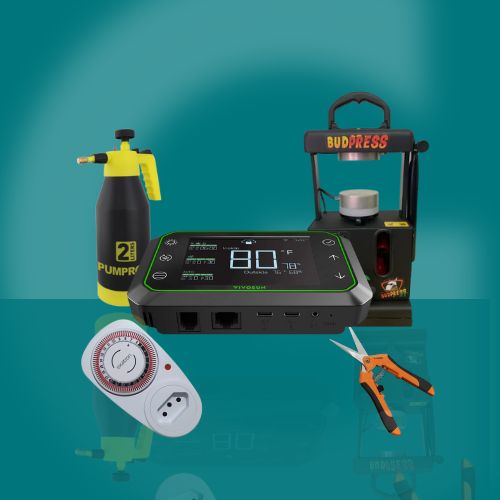 Ícone minimalista de acessórios para cultivo indoor, com tesoura de poda, pulverizador ou borrifador, timer, controladora para automação de cultivo e uma prensa para extração de óleos