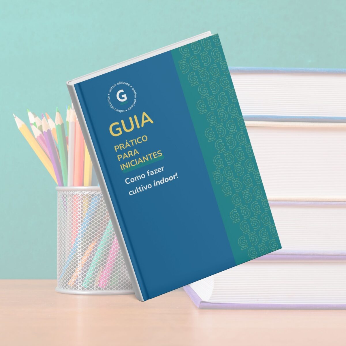 Capa do e-book “Guia do Cultivo Indoor para Iniciantes”, com um design limpo em tons de verde e branco
