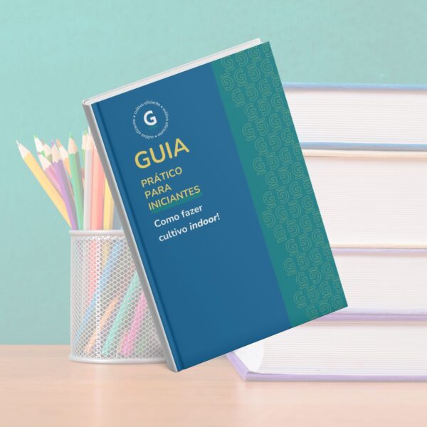 Capa do e-book “Guia do Cultivo Indoor para Iniciantes”, com um design limpo em tons de verde e branco