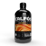 Embalagem de 250ml de Calfós Fosfato de Cálcio Organo Lab, mostrando o produto líquido e elementos que remetem à floração, frutificação e vitalidade das plantas.