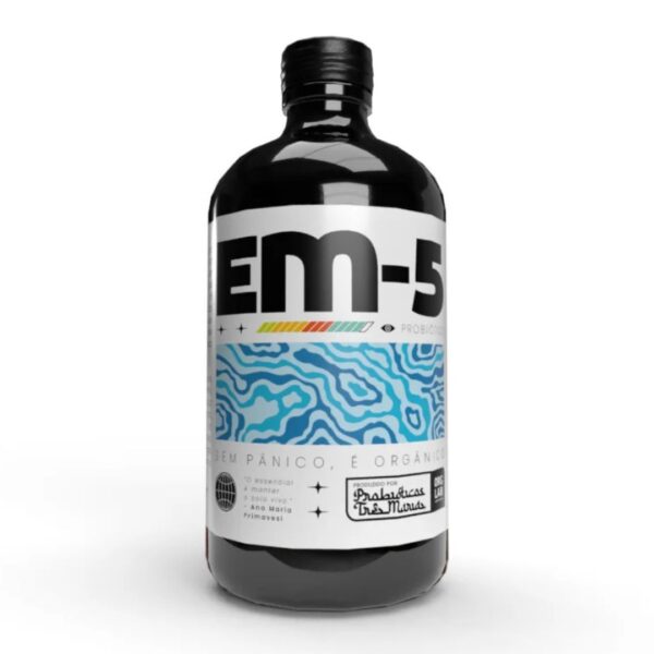Embalagem de 250ml do EM-5 Organo Lab, mostrando o produto com elementos que remetem à parceria Therpenos e Organo Lab e ao controle biológico de pragas.