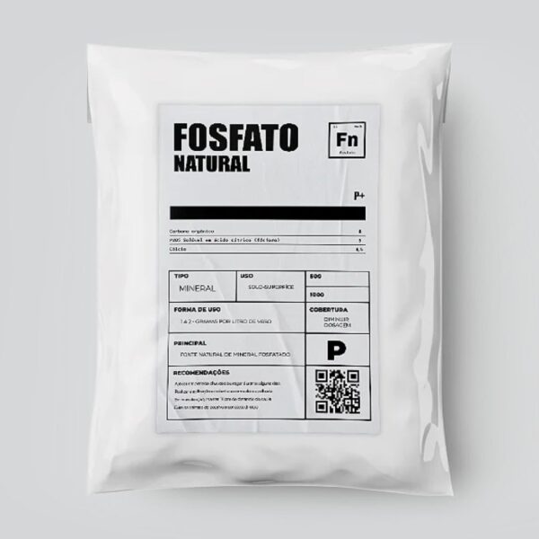 Embalagem de 1kg de Fosfato Natural Organo Lab, mostrando o produto em pó e remetendo à sua origem mineral e benefícios para o crescimento das plantas.