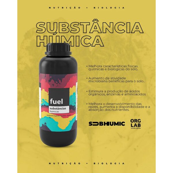 Embalagem de 250ml de Fuel Organo Lab, mostrando o fertilizante líquido de cor escura e elementos que remetem à vitalidade do solo e das plantas.