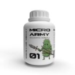 Embalagem de 250ml de Micro Army Bacillus megaterium Organo Lab, mostrando o produto com elementos que remetem à microbiologia do solo e à absorção de nutrientes.