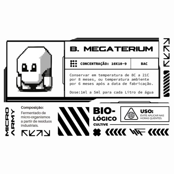 Embalagem de 250ml de Micro Army Bacillus megaterium Organo Lab, mostrando o produto com elementos que remetem à microbiologia do solo e à absorção de nutrientes.