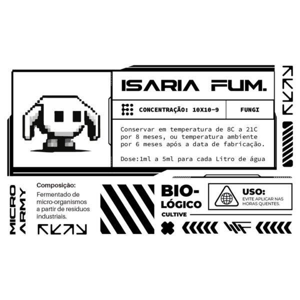 Embalagem de 250ml de Micro Army Isaria fumosorosea Organo Lab, mostrando o produto com elementos que remetem ao controle de pragas e à proteção de plantas.