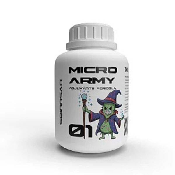 Embalagem de 250ml de Micro Army Spinosad Organo Lab, mostrando o produto com elementos que remetem ao controle de insetos e à proteção de plantas.