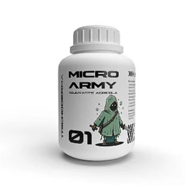 Embalagem de 250ml de Micro Army Trichoderma harzianum Organo Lab, mostrando o produto com elementos que remetem à proteção de plantas contra fungos e pragas.