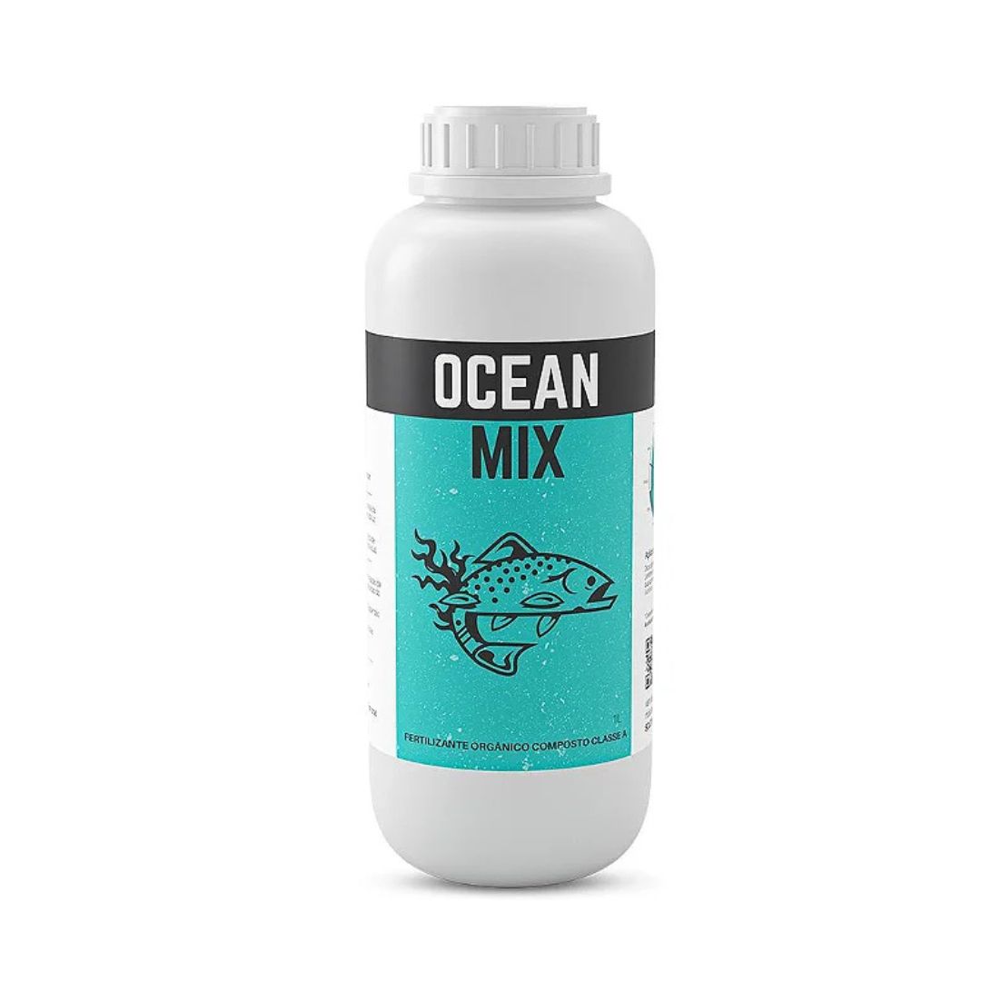Ocean Mix 1L Organo Lab Embalagem de 1L de Ocean Mix Organo Lab, mostrando o fertilizante líquido e elementos visuais que remetem ao oceano e à nutrição de plantas.