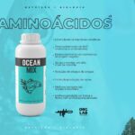 Embalagem de 250ml de Ocean Mix Organo Lab, mostrando o fertilizante líquido e elementos visuais que remetem ao oceano e à nutrição de plantas.