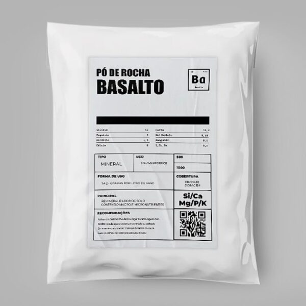 Embalagem de 1kg de Pó Basalto Organo Lab, mostrando o produto em sua forma pulverizada ou granular, com elementos que remetem a rochas vulcânicas e fertilidade do solo.