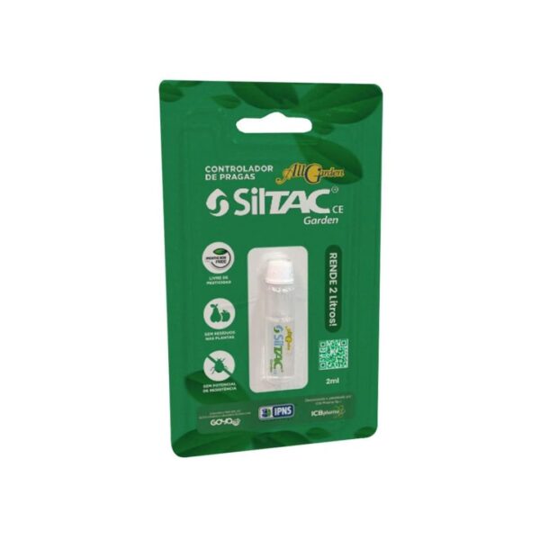 Embalagem pequena (2ml) de Siltac All Garden, mostrando o produto com foco em "All Garden" e elementos que remetem à proteção de plantas contra pragas.